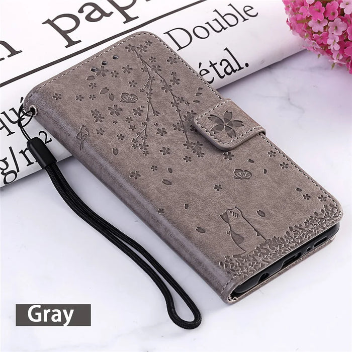 Imprint Flower Pattern Leather Wallet Stand Mobile Cover Case for Samsung Galaxy A51 - Grey - 7