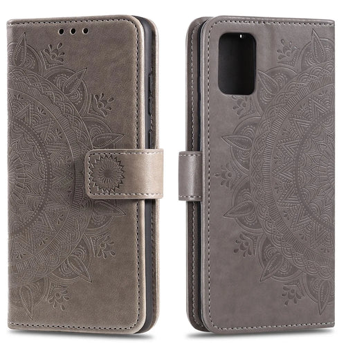 Imprinted Mandala Flower PU Leather Case Flip Stand Wallet Phone Cover with Strap for Samsung Galaxy A51 4G - Grey - 1