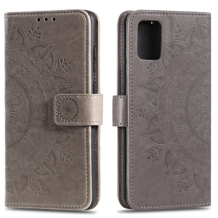 Imprinted Mandala Flower PU Leather Case Flip Stand Wallet Phone Cover with Strap for Samsung Galaxy A51 4G - Grey - 1