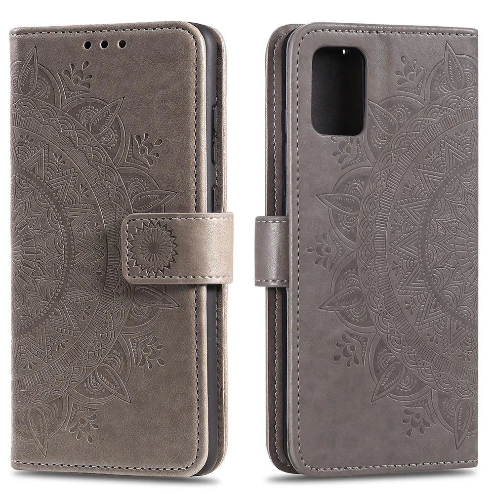 Imprint Flower Leather Wallet Phone Casing for Samsung Galaxy A71 - Grey - 1