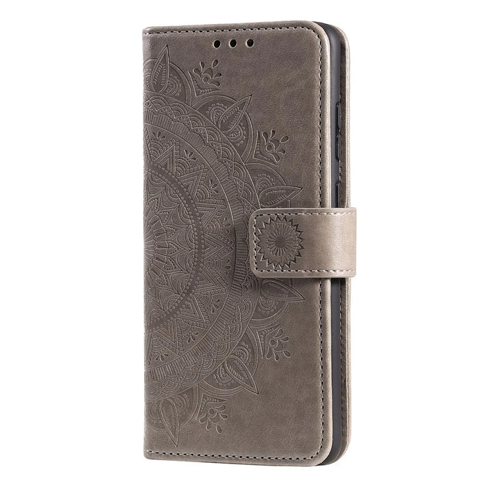 Imprint Flower Leather Wallet Phone Casing for Samsung Galaxy A71 - Grey - 4