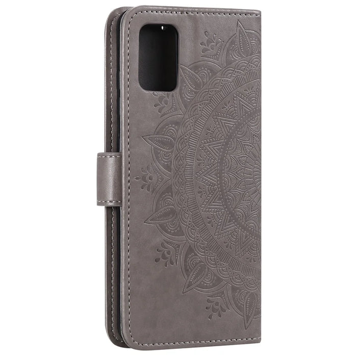 Imprint Flower Leather Wallet Phone Casing for Samsung Galaxy A71 - Grey - 5