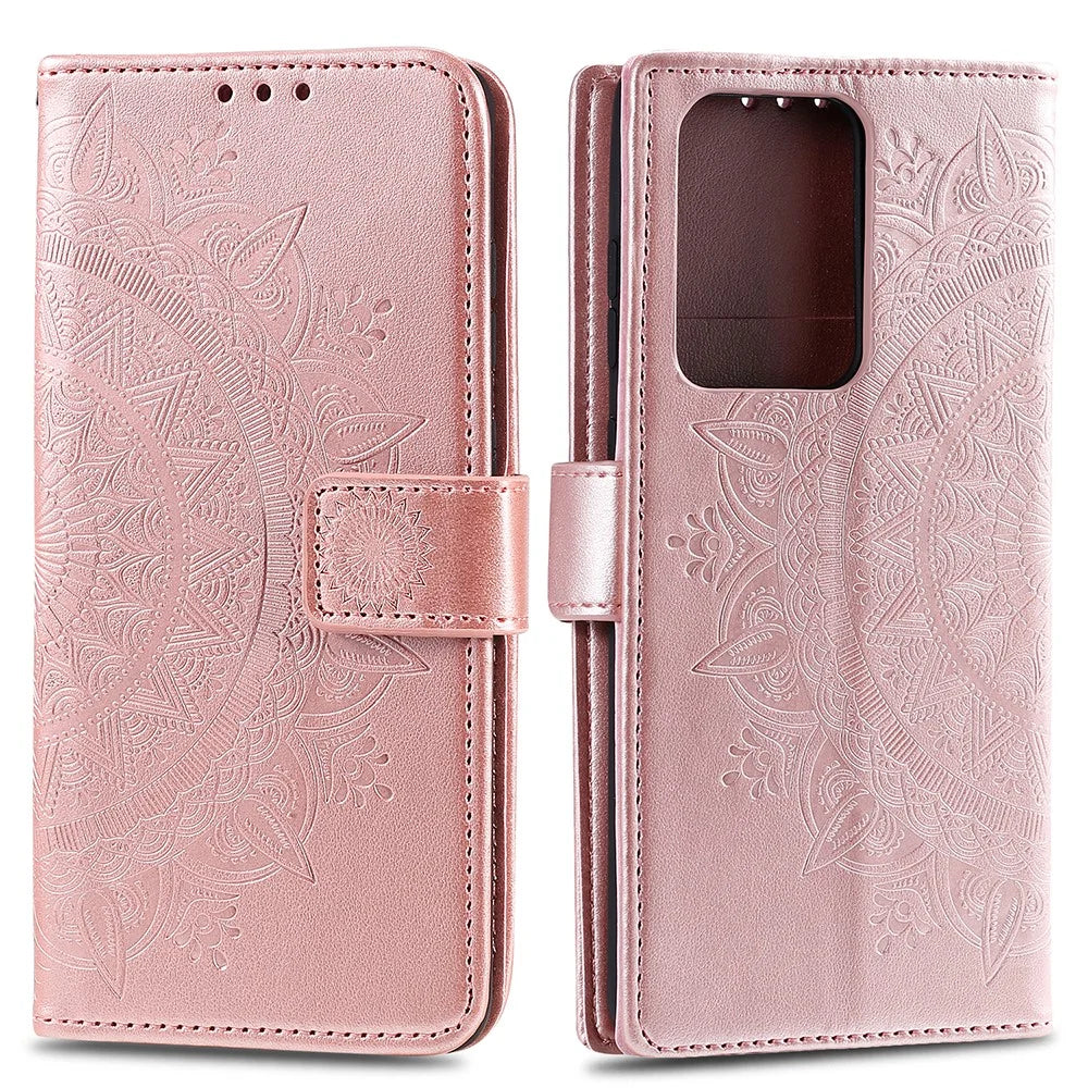 Imprint Flower Leather Wallet Phone Casing for Samsung Galaxy S20 Ultra - Rose Gold - 1