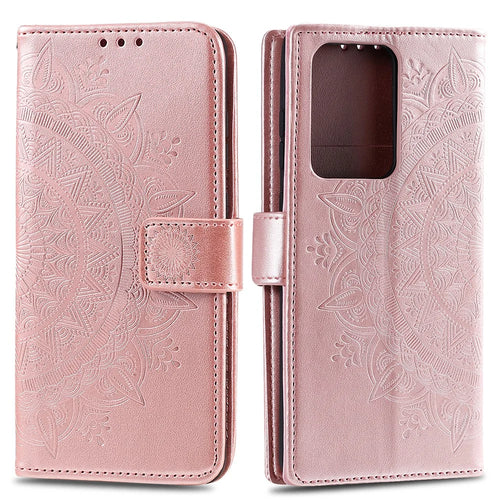 Imprint Flower Leather Wallet Phone Casing for Samsung Galaxy S20 Ultra - Rose Gold - 1