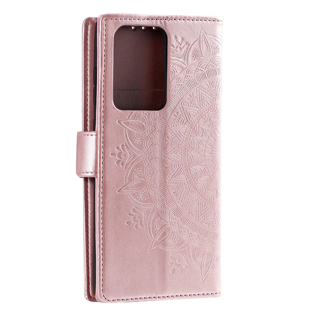 Imprint Flower Leather Wallet Phone Casing for Samsung Galaxy S20 Ultra - Rose Gold - 5