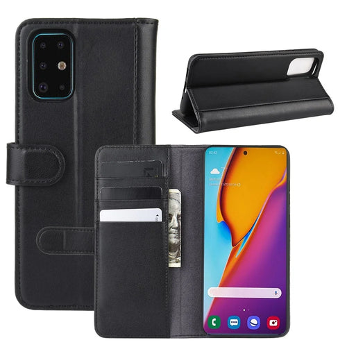For Samsung Galaxy S20 Plus Phone Cases Genuine Split Leather Wallet Mobile Cover Stand - Black - 1