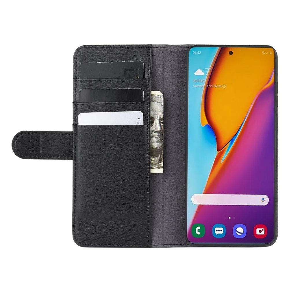 For Samsung Galaxy S20 Plus Phone Cases Genuine Split Leather Wallet Mobile Cover Stand - Black - 6