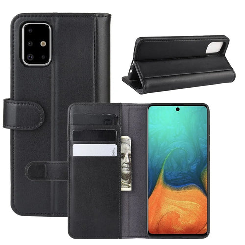 For Samsung Galaxy A71 Phone Cases Genuine Split Leather Wallet Mobile Cover Stand - Black - 1