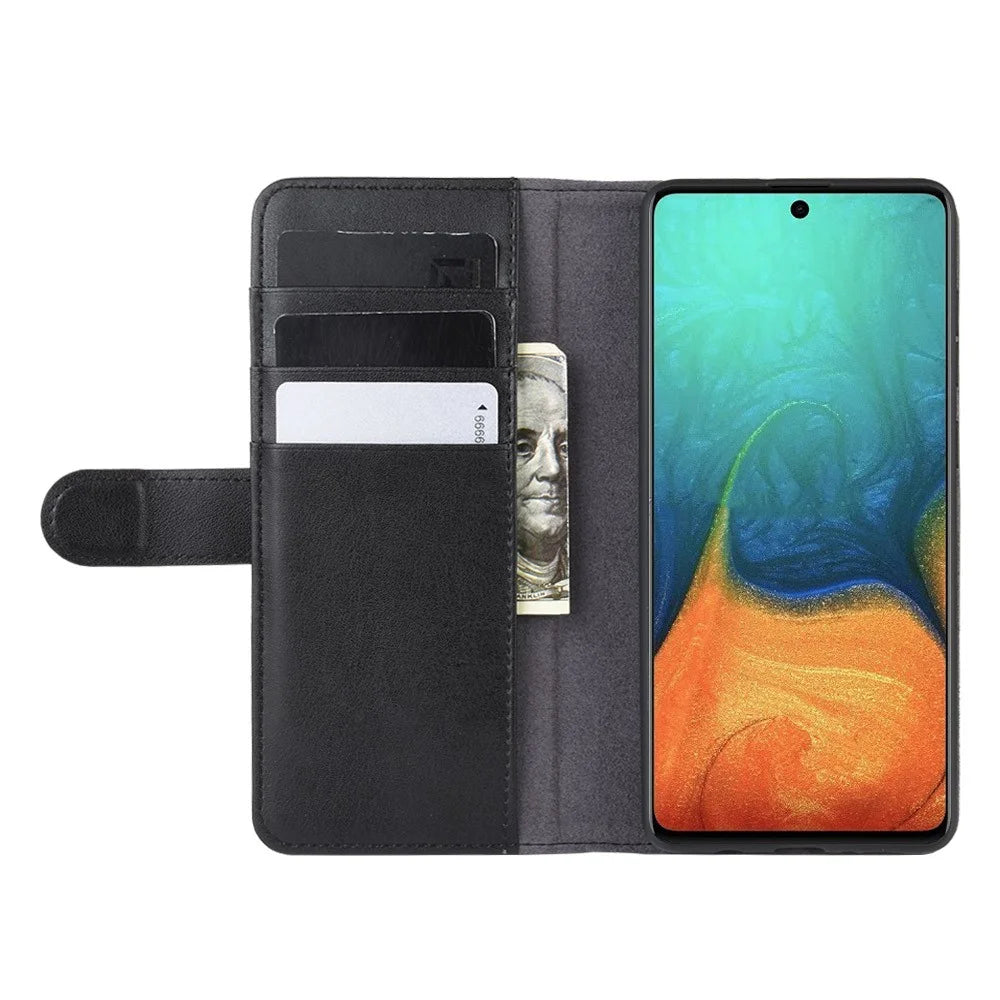 For Samsung Galaxy A71 Phone Cases Genuine Split Leather Wallet Mobile Cover Stand - Black - 6
