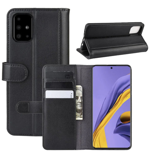 For Samsung Galaxy A51 Phone Cases Genuine Split Leather Wallet Mobile Cover Stand - Black - 1