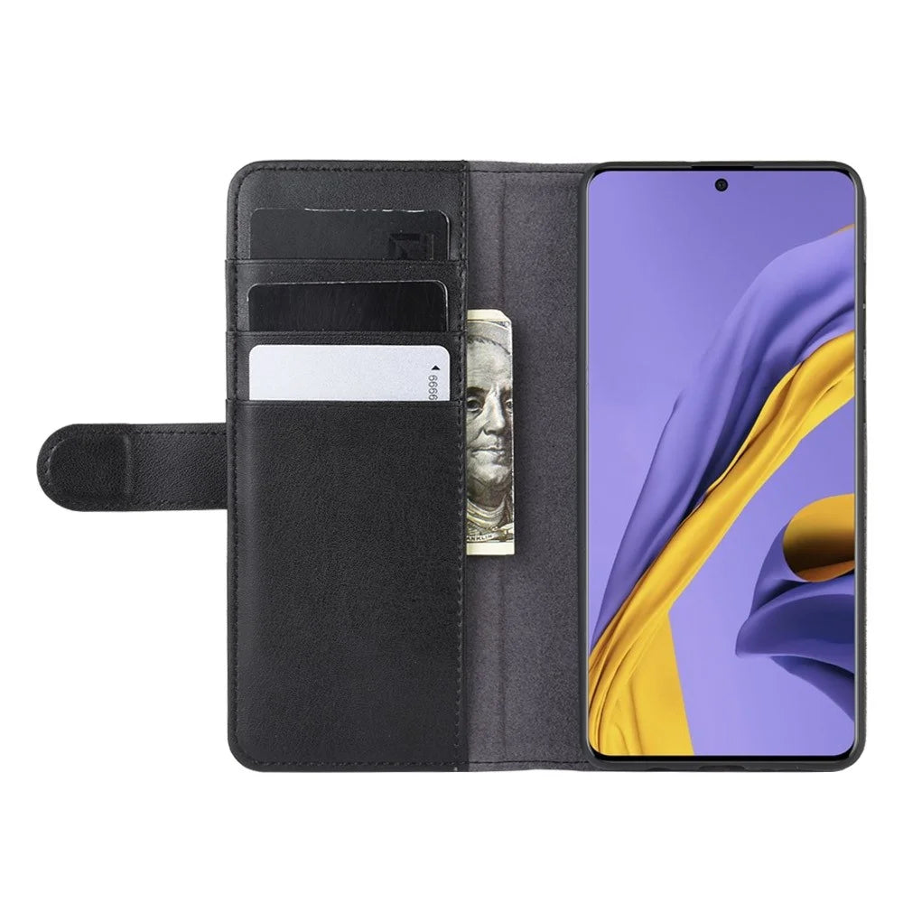 For Samsung Galaxy A51 Phone Cases Genuine Split Leather Wallet Mobile Cover Stand - Black - 6