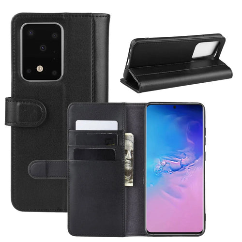 For Samsung Galaxy S20 Ultra Phone Cases Genuine Split Leather Wallet Mobile Cover Stand - Black - 1