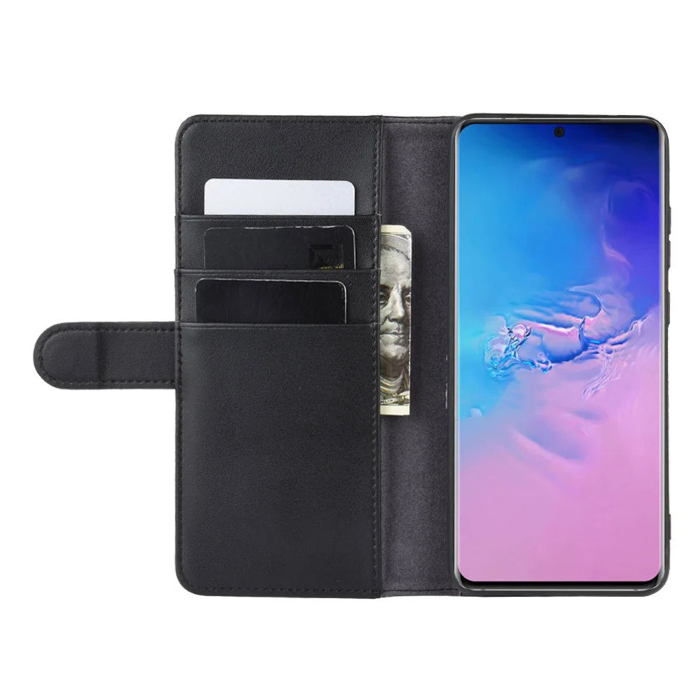 For Samsung Galaxy S20 Ultra Phone Cases Genuine Split Leather Wallet Mobile Cover Stand - Black - 6