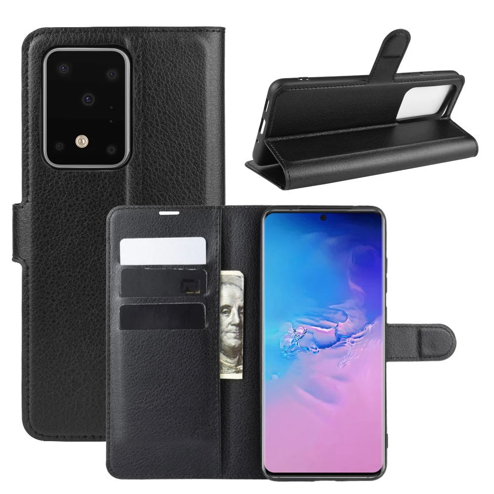 Litchi Skin Wallet Leather Stand Case for Samsung Galaxy S20 Ultra - Black - 1
