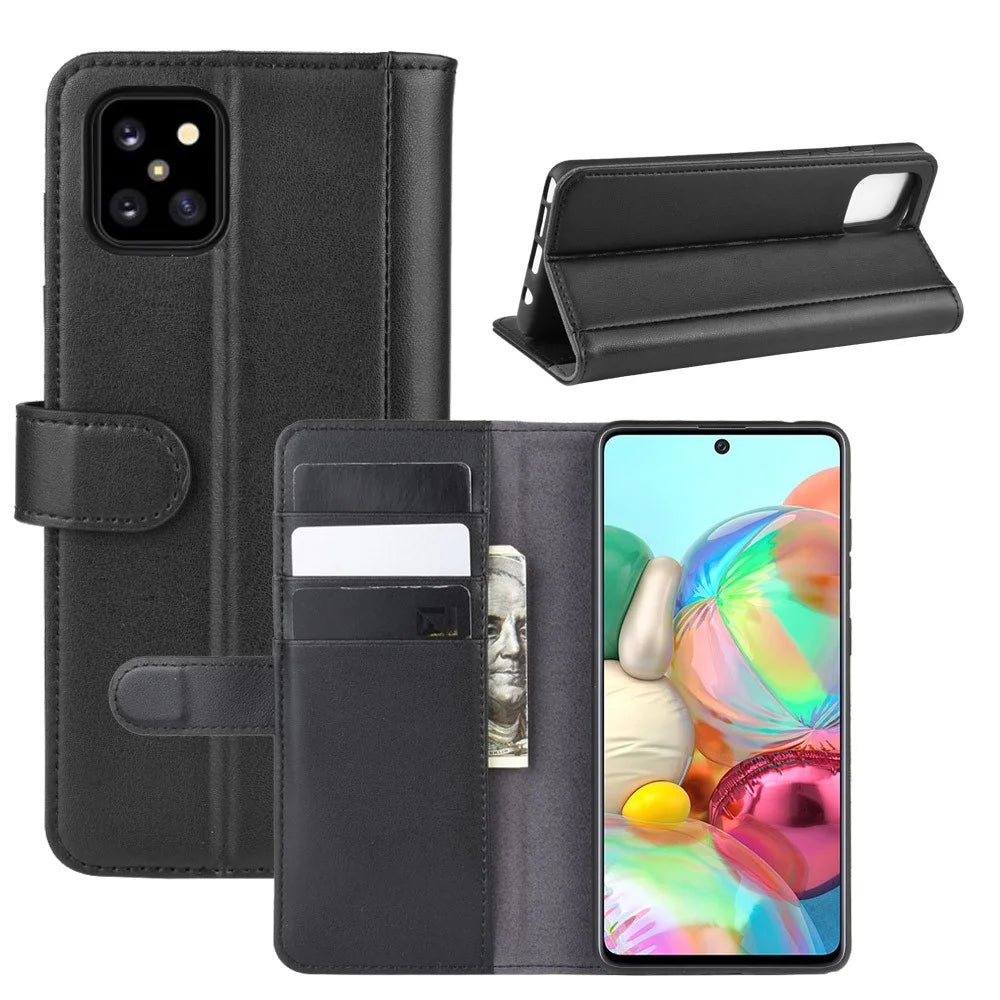 For Samsung Galaxy A81 / Note 10 Lite / M60s Phone Cases Genuine Split Leather Wallet Mobile Cover Stand - Black - 1