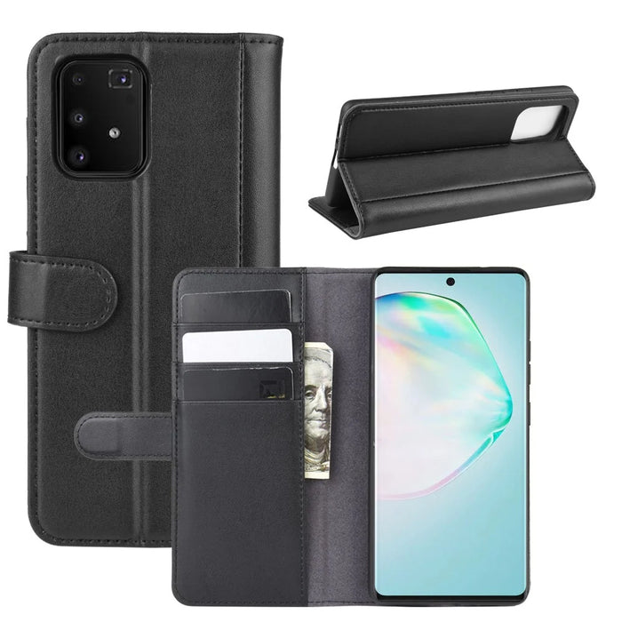 For Samsung Galaxy A91 / S10 Lite / M80s Phone Cases Genuine Split Leather Wallet Mobile Cover Stand - Black - 1