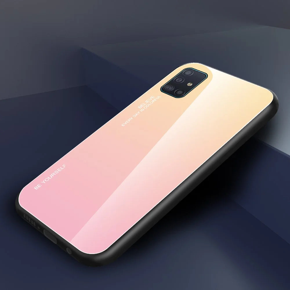 Gradient Color Glass + TPU Cell Phone Cover for Samsung Galaxy A51 - Gold / Pink - 1