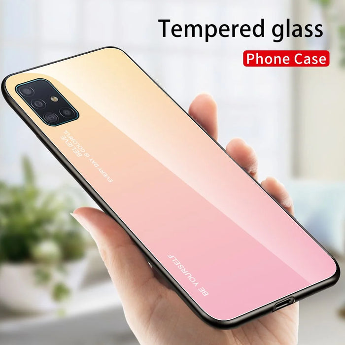 Gradient Color Glass + TPU Cell Phone Cover for Samsung Galaxy A51 - Gold / Pink - 2