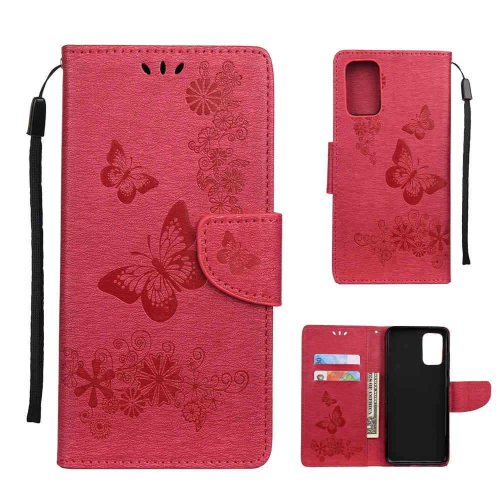 Imprint Butterfly Flower Leather Wallet Phone Case for Samsung Galaxy S20 4G/S20 5G - Red - 1