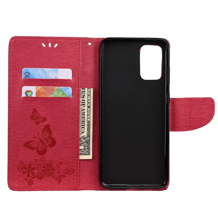 Imprint Butterfly Flower Leather Wallet Phone Case for Samsung Galaxy S20 4G/S20 5G - Red - 4