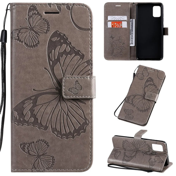 For Samsung Galaxy A51 Wallet Case Floral Butterfly Imprinted Leather Phone Cover Stand - Grey - 1