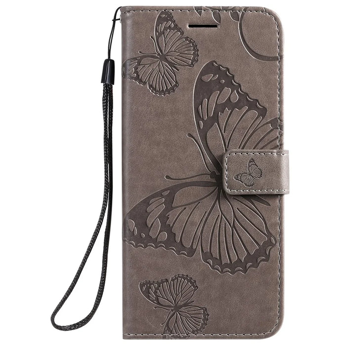 For Samsung Galaxy A51 Wallet Case Floral Butterfly Imprinted Leather Phone Cover Stand - Grey - 2