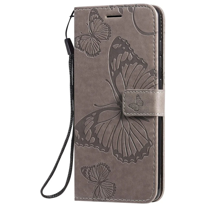 For Samsung Galaxy A51 Wallet Case Floral Butterfly Imprinted Leather Phone Cover Stand - Grey - 3