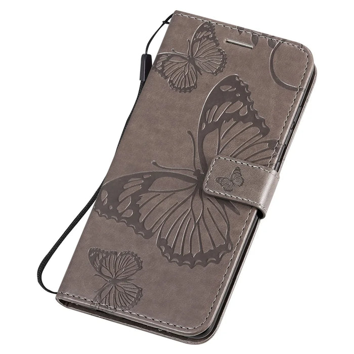 For Samsung Galaxy A51 Wallet Case Floral Butterfly Imprinted Leather Phone Cover Stand - Grey - 6