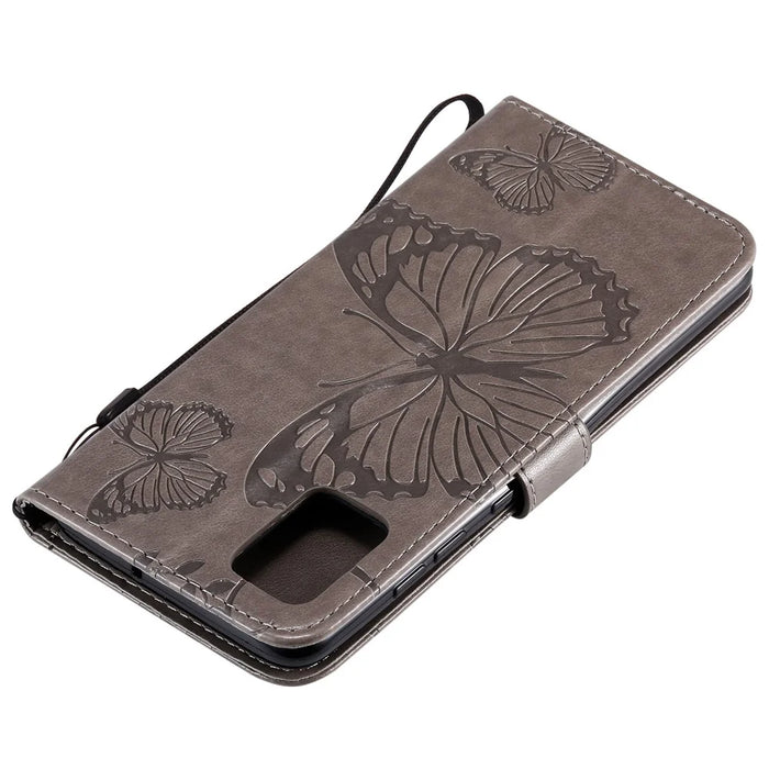 For Samsung Galaxy A51 Wallet Case Floral Butterfly Imprinted Leather Phone Cover Stand - Grey - 7