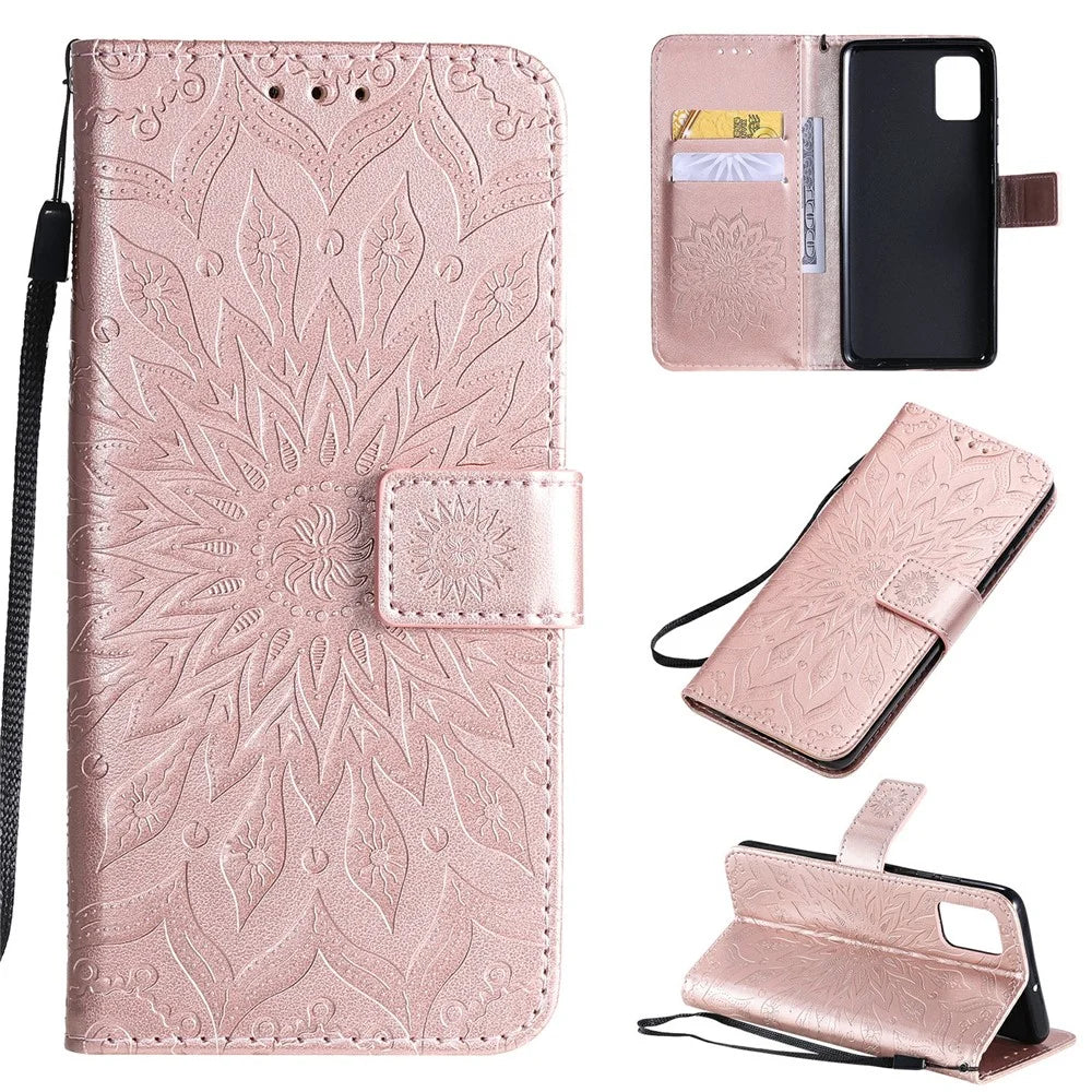 For Samsung Galaxy A51 Phone Case Sunflower Imprinted Leather Wallet Stand Cover with Strap - Rose Gold - 1
