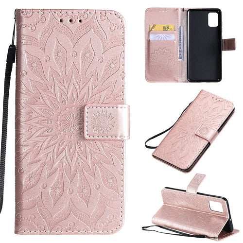 For Samsung Galaxy A51 Phone Case Sunflower Imprinted Leather Wallet Stand Cover with Strap - Rose Gold - 1