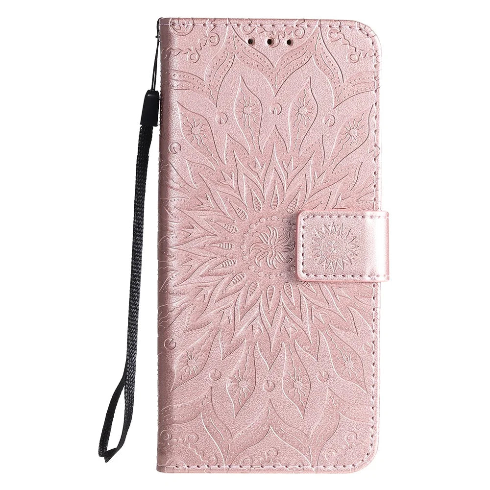 For Samsung Galaxy A51 Phone Case Sunflower Imprinted Leather Wallet Stand Cover with Strap - Rose Gold - 2