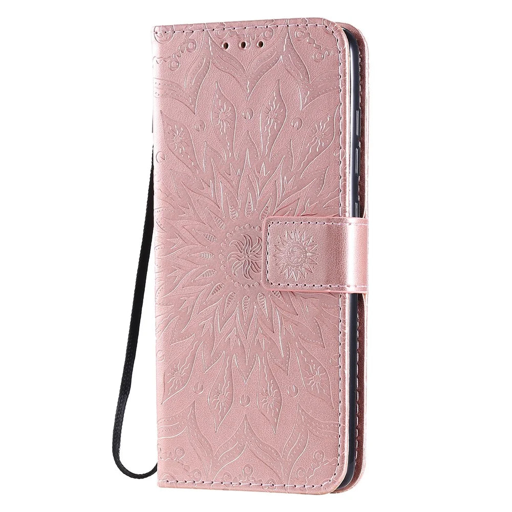 For Samsung Galaxy A51 Phone Case Sunflower Imprinted Leather Wallet Stand Cover with Strap - Rose Gold - 3