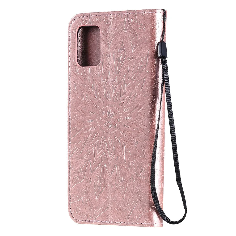 For Samsung Galaxy A51 Phone Case Sunflower Imprinted Leather Wallet Stand Cover with Strap - Rose Gold - 4