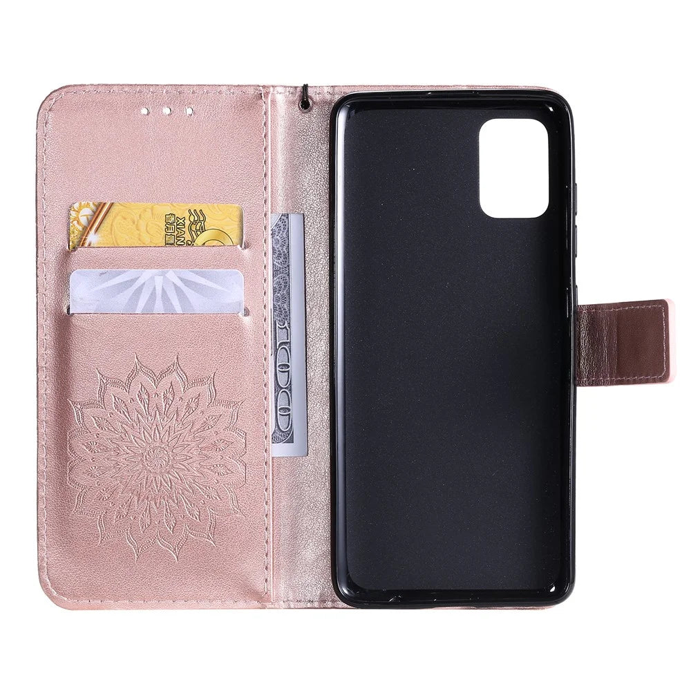 For Samsung Galaxy A51 Phone Case Sunflower Imprinted Leather Wallet Stand Cover with Strap - Rose Gold - 5