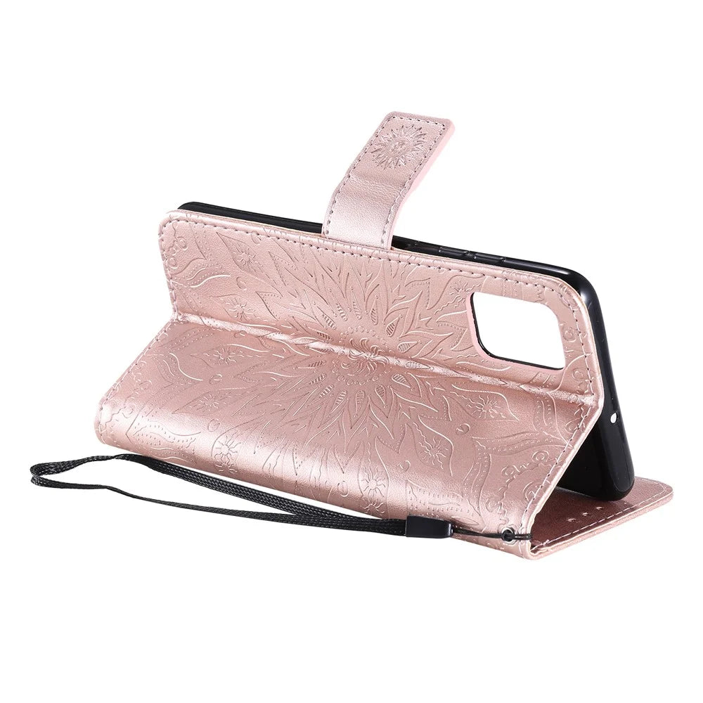 For Samsung Galaxy A51 Phone Case Sunflower Imprinted Leather Wallet Stand Cover with Strap - Rose Gold - 6