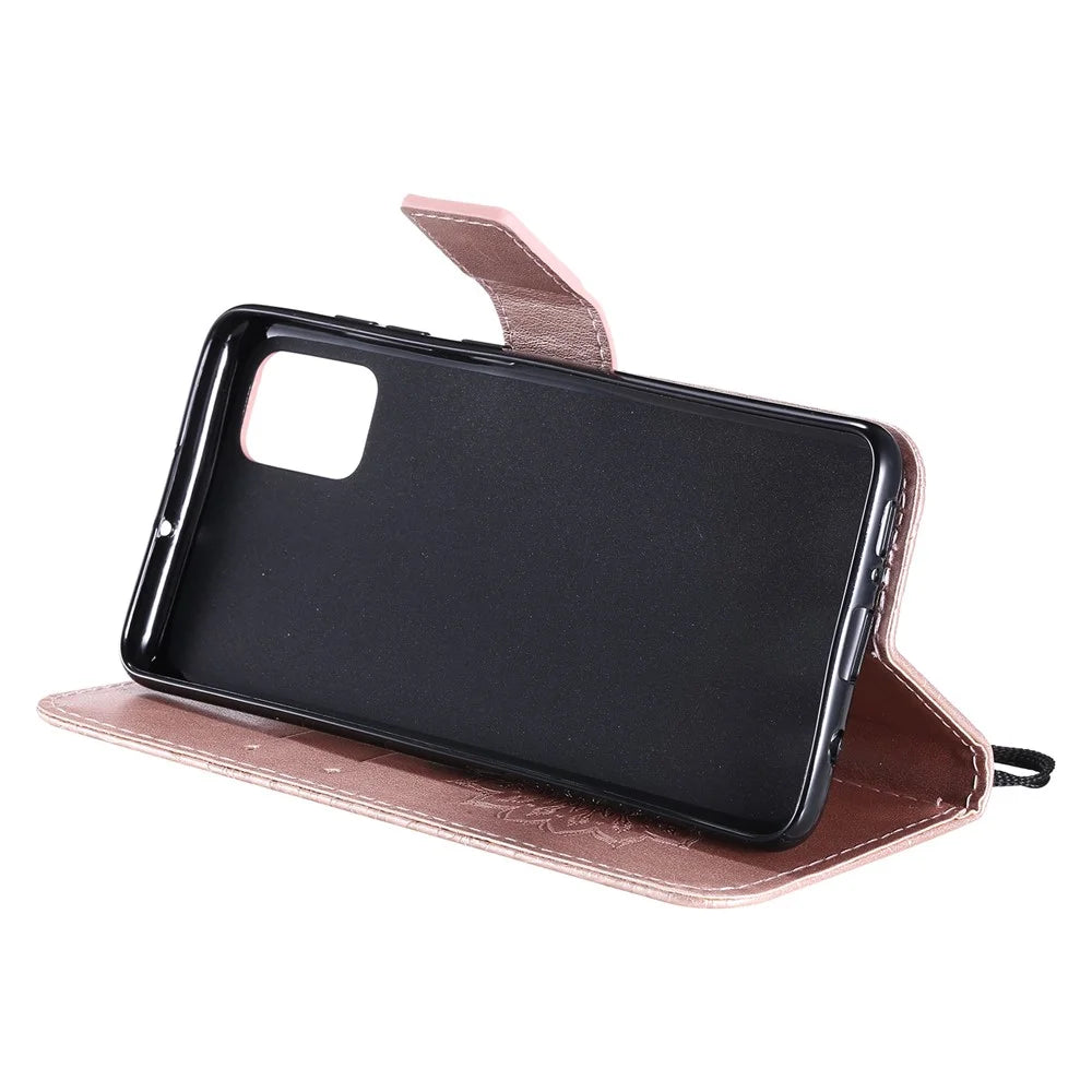 For Samsung Galaxy A51 Phone Case Sunflower Imprinted Leather Wallet Stand Cover with Strap - Rose Gold - 7