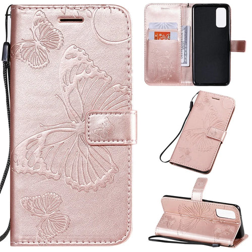 For Samsung Galaxy S20 4G / S20 5G Wallet Case Floral Butterfly Imprinted Leather Phone Cover Stand - Rose Gold - 1
