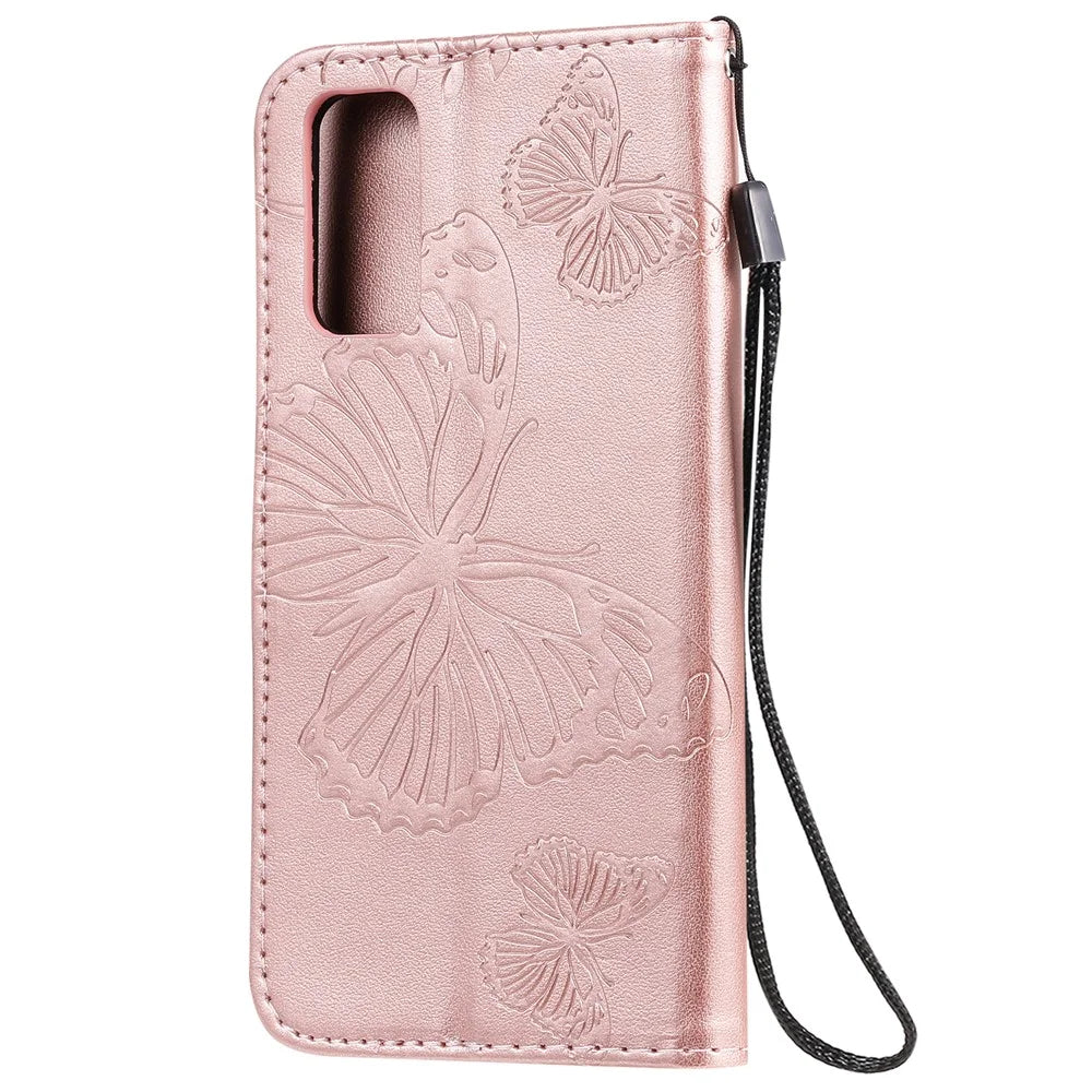 For Samsung Galaxy S20 4G / S20 5G Wallet Case Floral Butterfly Imprinted Leather Phone Cover Stand - Rose Gold - 4