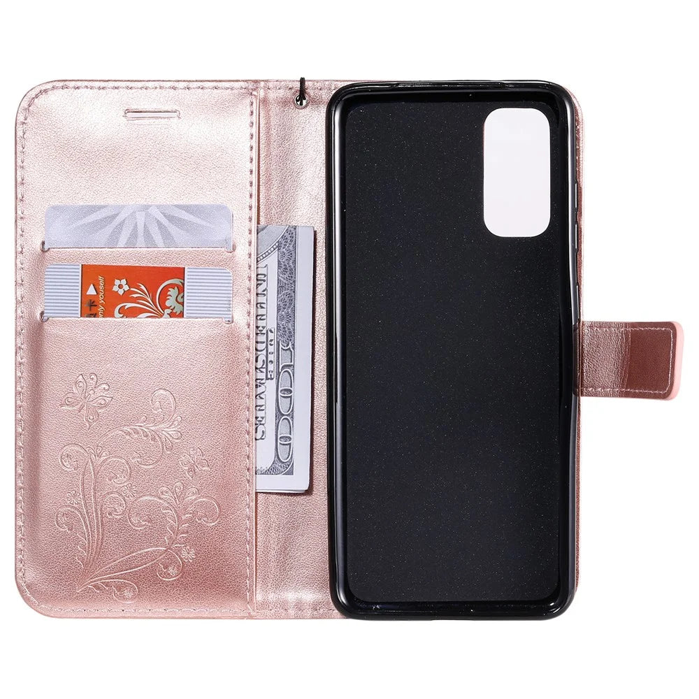 For Samsung Galaxy S20 4G / S20 5G Wallet Case Floral Butterfly Imprinted Leather Phone Cover Stand - Rose Gold - 5
