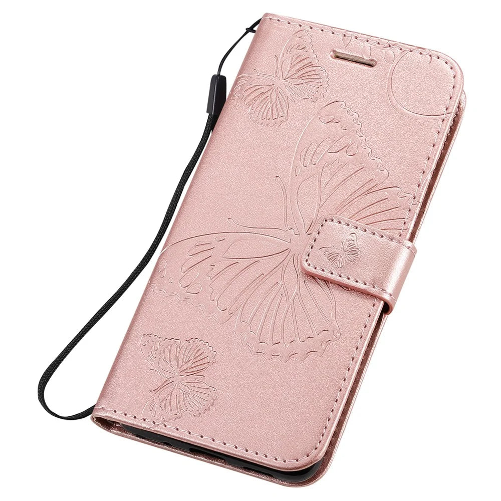 For Samsung Galaxy S20 4G / S20 5G Wallet Case Floral Butterfly Imprinted Leather Phone Cover Stand - Rose Gold - 6