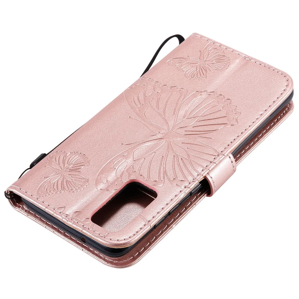 For Samsung Galaxy S20 4G / S20 5G Wallet Case Floral Butterfly Imprinted Leather Phone Cover Stand - Rose Gold - 7
