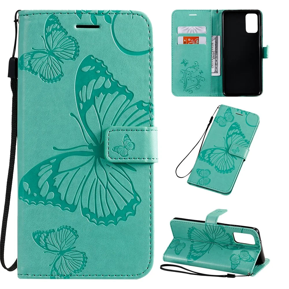 For Samsung Galaxy S20 Plus Wallet Case Floral Butterfly Imprinted Leather Phone Cover Stand - Green - 1