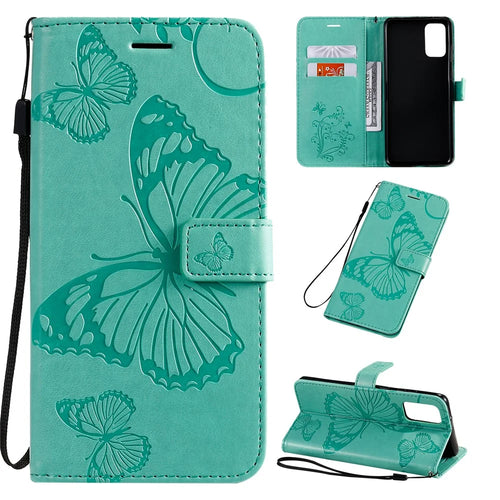 For Samsung Galaxy S20 Plus Wallet Case Floral Butterfly Imprinted Leather Phone Cover Stand - Green - 1