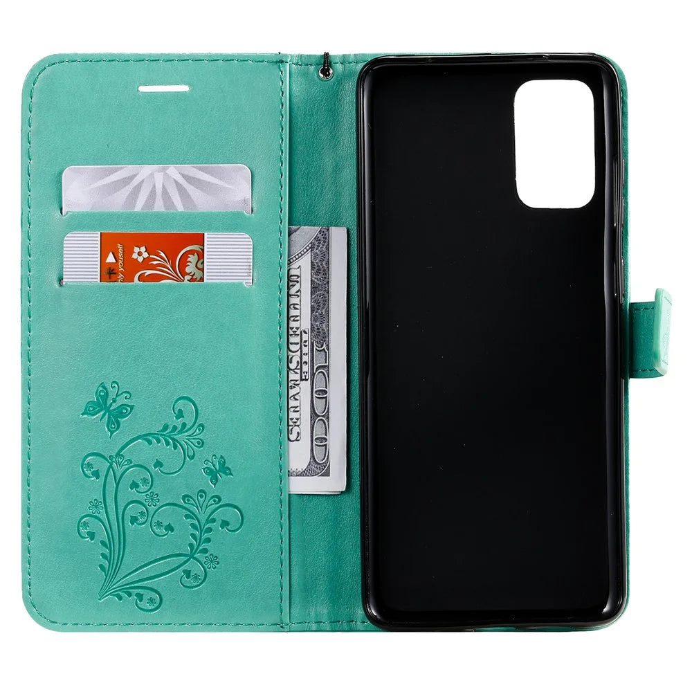 For Samsung Galaxy S20 Plus Wallet Case Floral Butterfly Imprinted Leather Phone Cover Stand - Green - 3