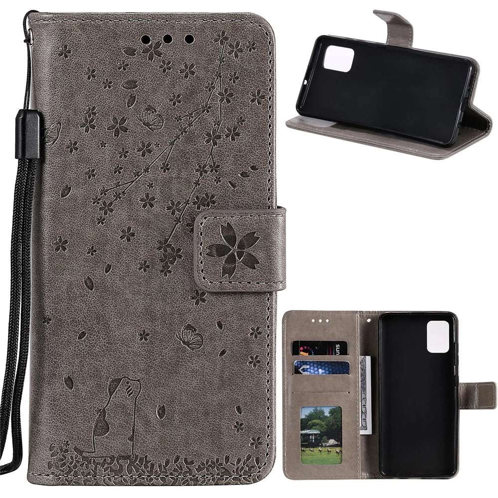 Imprint Sakura Cat Leather Covering with Card Slots for Samsung Galaxy A71 - Grey - 1