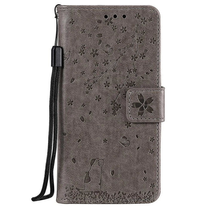 Imprint Sakura Cat Leather Covering with Card Slots for Samsung Galaxy A71 - Grey - 2