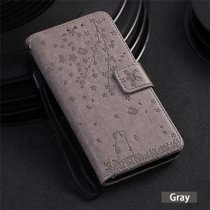Imprint Sakura Cat Leather Covering with Card Slots for Samsung Galaxy A71 - Grey - 7