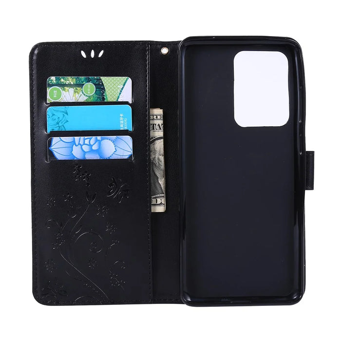 Imprint Butterflies Wallet Stand Flip Leather Phone Case for Samsung Galaxy S20 Ultra - Black - 5