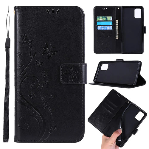 Imprint Butterflies Wallet Stand Flip Leather Phone Case for Samsung Galaxy A71 A715 - Black - 1